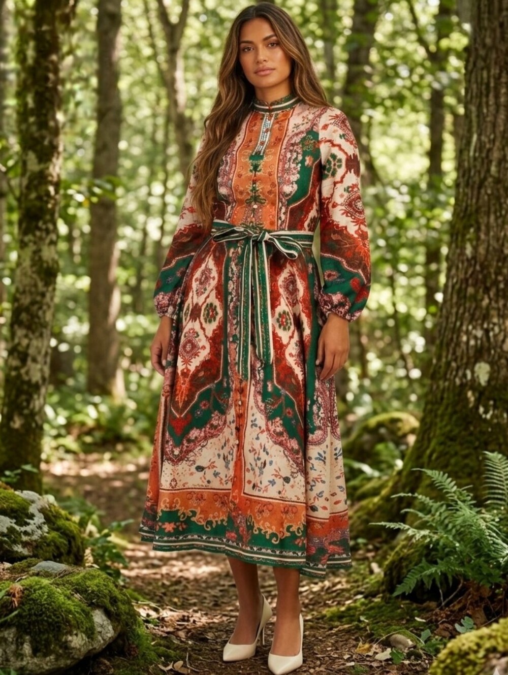 Nancy Yang Green Rust Tan Floral Prints Mock Neck Belted Midi Dress NWT $275